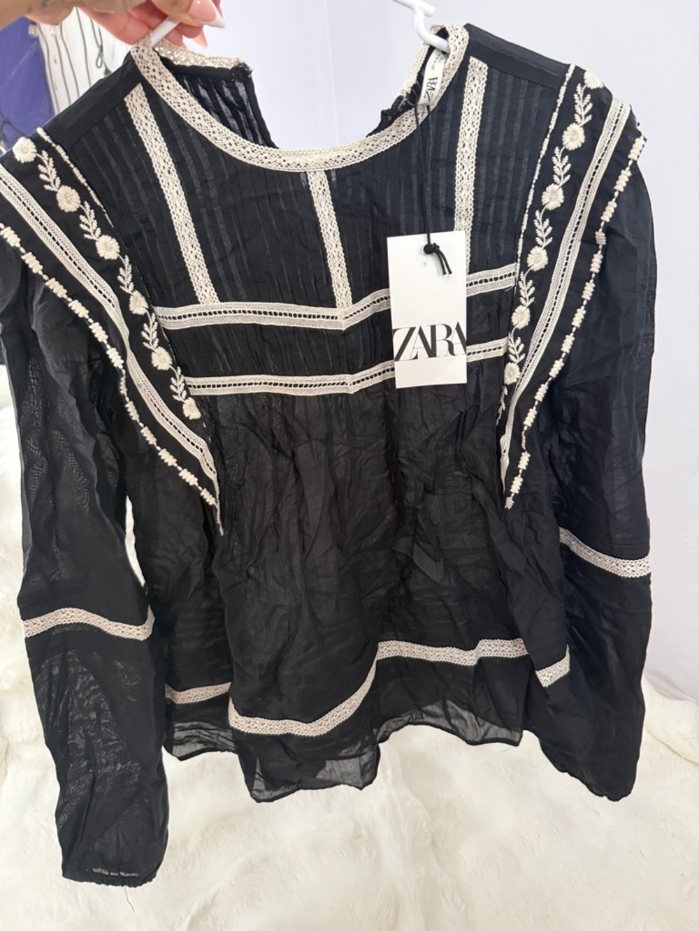 ZARA Black Blouse with Cream Embroidery